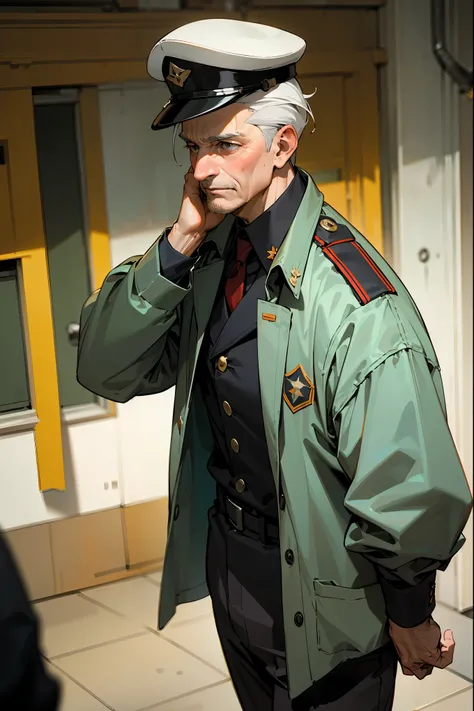 1male ,  Military Cap , Messy Slicked Back hair , Adult Male , Wrinkled face , old male walking inside a military base , military outfit , Detailed Background, Masterpiece Quality