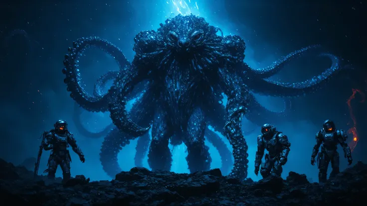 Low-angle shot, huge octopus monster (1 mile, slimy, blue glow, long whip tentacles) rises from glowing blue rift in black stone, red mist swirls. Female warrior (5’7”, short brown hair, silver armored spacesuit with commander patch), male warrior (5’11”, ...