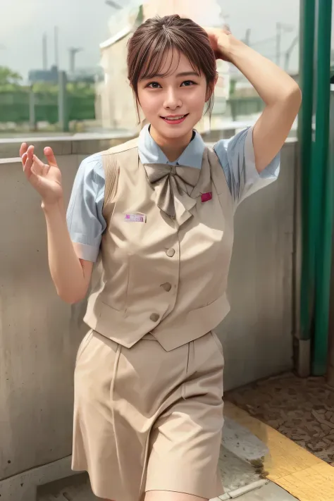 (masterpiece:1.2, Highest quality:1.2), 32kHDR, Hi-Res, (alone、1 girl)、(Rooftop of a building during the day、 professional lighting)、Building rooftop background、(JR WOMAN TRAIN CREW UNIFORM BEIGE REAL STYLE)、((JR Woman Train Crew Uniform Beige Light Blue B...