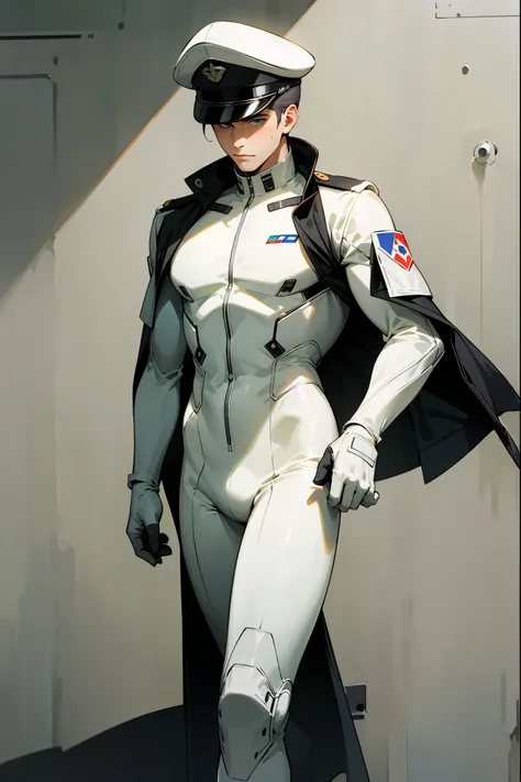 1male , White Bodysuit worn Underneath, Military Cap , Messy Slicked Back hair , Adult Male , walking inside a military base , military outfit , Detailed Background, Masterpiece Quality