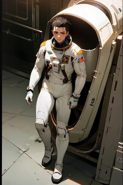 1female , White Bodysuit, Messy Slicked Back hair , Adult Male , walking inside a military base , Astronaut Suit, Detailed Background, Masterpiece Quality