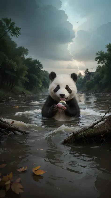 A realistic digital painting of a small baby panda submerged underwater, drifting helplessly in a turbulent river. Its tiny paws reach upward as bubbles rise from its mouth. The murky water swirls around, carrying leaves and broken branches. A sense of dan...