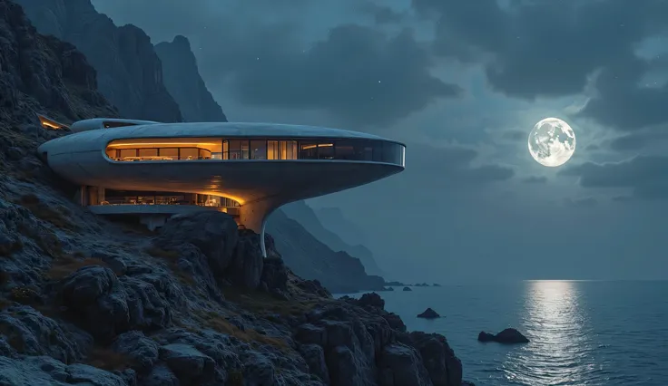 Large, Curvaceous Concrete Futuristic Architecture on a Mountainside. Sea. Night Scene and Light.