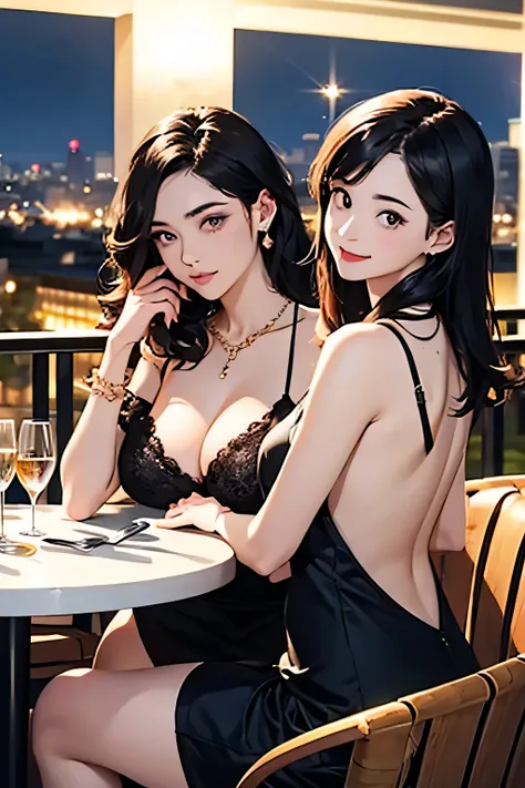 Highest quality、Hi-Res、(high image quality:1.3)、masterpiece、detailed background、very detailed face、(detailed eyes:1.3)、age beauty、( huge breasts:1.3)、(Normal number of fingers:1.2)、anatomically correct、perfect body line、accentuates cleavage、night view with...