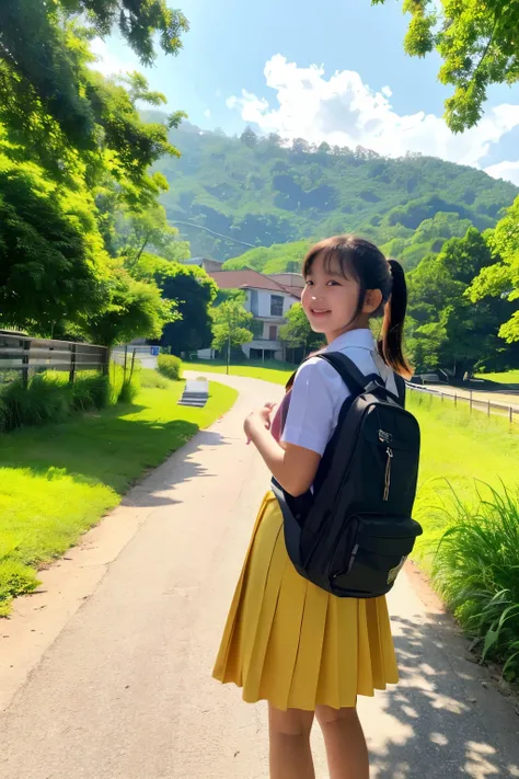 ((best quality)), ((masterpiece)), (detailed), A heartwarming digital painting of a young, adorable schoolgirl stepping down from a yellow school bus. She is wearing a neatly pressed school uniform with a small backpack on her shoulders. Her face lights up...