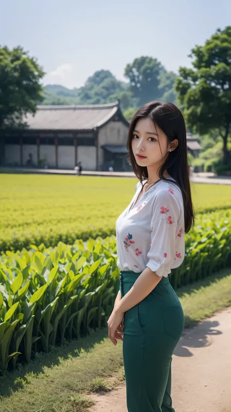 8k HD， classic and elegant ， The picture shows a beautiful woman working in the fields。 Her face is round， Her skin is healthy and rosy due to the sun， with curved eyebrows ， Her eyes are bright and focused， Under the bridge of her nose ， you pat your lips...