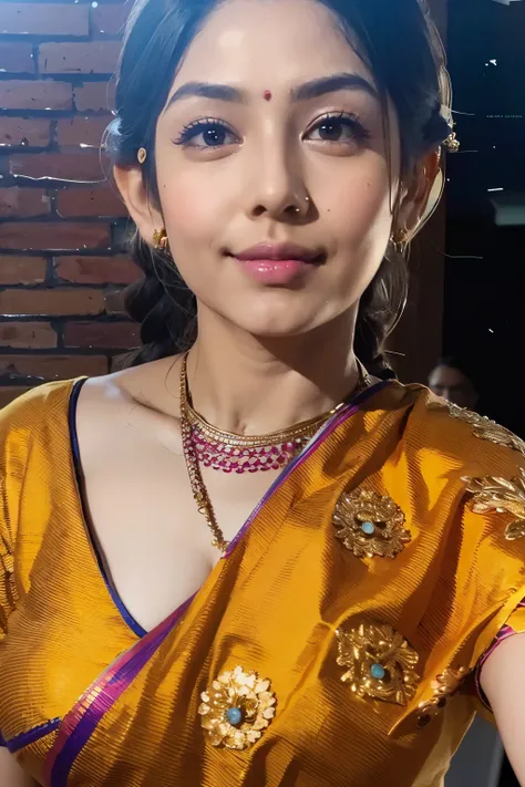 HD wallpaper 32k cinematic shoot of a Beautiful cute Indian girl, with thick thighs and a curvy slender waist, twin braids, wearing an Indian blouse top, horny, seductively, in a school corridor, dotted blouse top, smiling, ((long slim waist)), ((focal le...