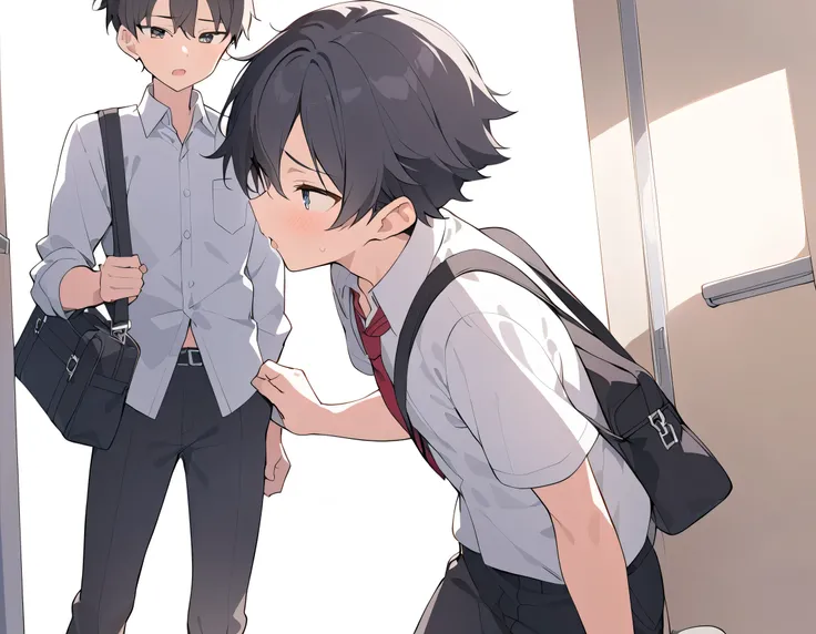 male middle school student、 male、 school uniform、white cutter shirt、Black trousers、 black hair、black bag 、coming out of mouth、classroom、