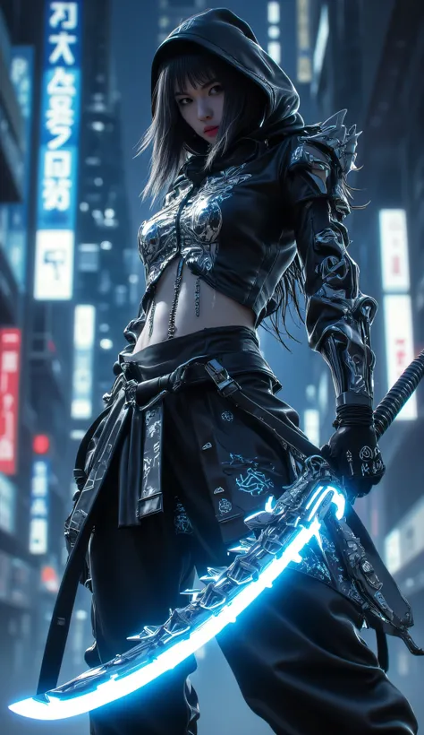   Super real full body photo    ,   young girls  ，Knights Templar,   holding a blue glowing sword  , Knights Templar，  with cyberpunk city in the background  