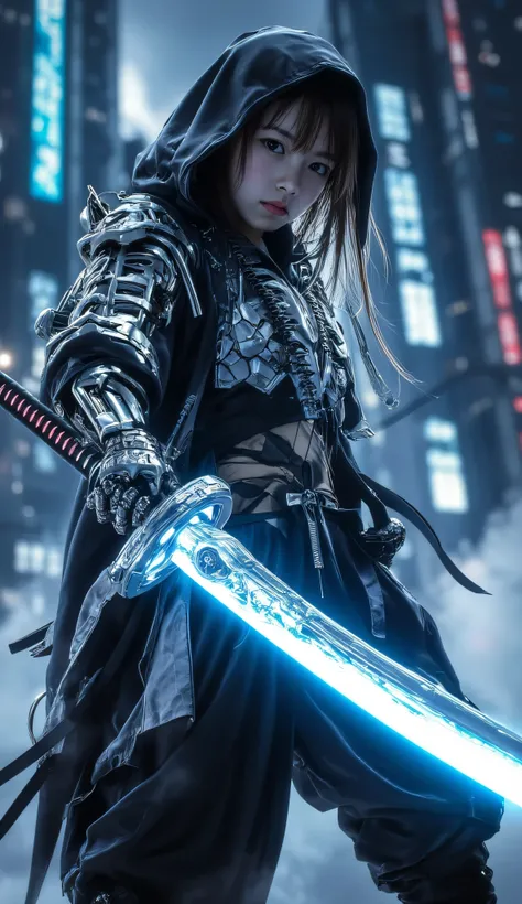   Super real full body photo    ,  Baby-faced Japanese 、 young girls  ，Knights Templar,   holding a blue glowing sword  , Knights Templar，  with cyberpunk city in the background  