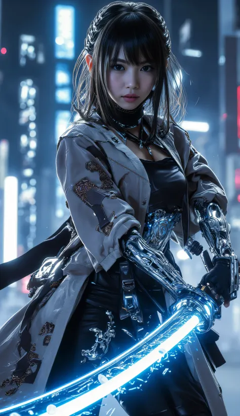   Super real full body photo    ,  Baby-faced Japanese 、 young girls  ，Knights Templar,   holding a blue glowing sword  , Knights Templar，  with cyberpunk city in the background  