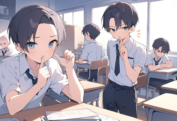 male middle school student、 male、 school uniform、Shaved head、white cutter shirt、Black trousers、 black hair、Notice、machine、chair、Notice、 index finger、coming out of mouth、classroom、