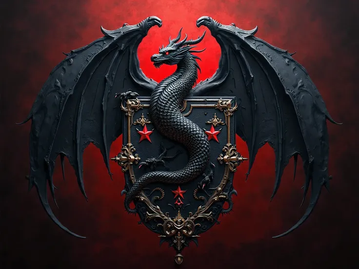 Realistic imperial black dragon coat of arms with red stars black background written by Lafayette