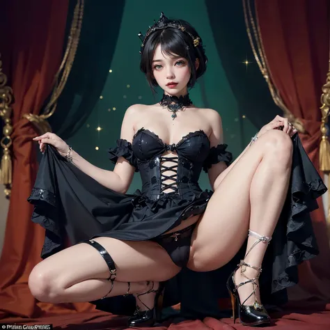 masterpiece, best quality, ultra-detailed,hyperrealistic,shiny skin,1girl,pixie cut,((black hair)),short hair, green eyes,((tareme)),medium breasts,,,(Envision a Gothic Lolita Princess style: 1.4), (featuring elegant princess-line dresses: 1.3), (adorned w...