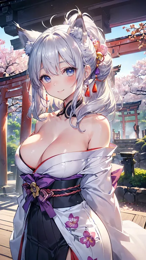 ((Masterpiece, Highest-Quality)), 8K, (1(Silver-Fox-Female)-Top-Professional-Model:1.4), 23yo, (Rainbow-Color-Off-The-Shoulder-and-Cleavage-Japanese-Furisode-With-Floral-Pattern:1.4), (Beautiful-Silver-Fox-Ears:1.4), (Detailed-Silver-Fox-Ears), (Very-Beaut...