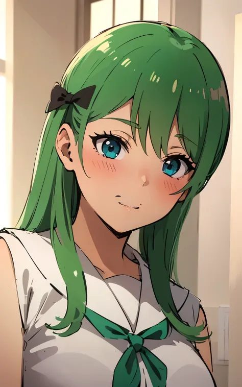 Cute anime girl sketch, pretty girl, blue bow on the hair, 3/4 view, pretty anime girl blushing green hair, blushing 