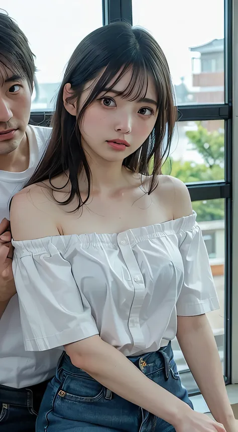 masterpiece，Highest quality，exhaustive，1 male， female 1 person，((Vacant Room:1.4))、((Japanese woman with straight medium long hair:1.4))， 18 year old woman:1.7、((white short sleeve off shoulder shirt for women:1.4))、((woman wearing a white short-sleeved of...