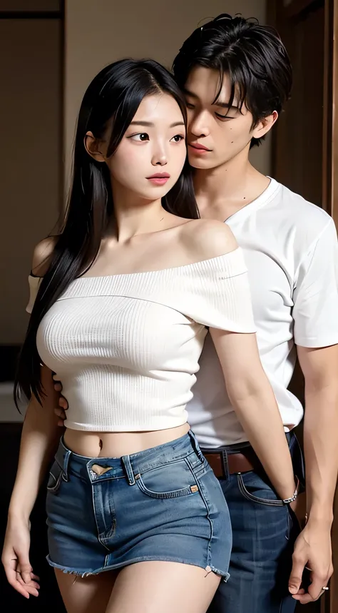 masterpiece，Highest quality，exhaustive，1 male， female 1 person，((Vacant Room:1.4))、((Japanese woman with straight medium long hair:1.4))， 18 year old woman:1.7、((white short-sleeved off-the-shoulder women:1.4))、((woman wearing a white short-sleeved off-the...