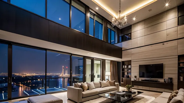 masterpiece, best quality,(Photo-realistic:1.3), living room, ((Stylish)), ((modern)), (wide), ((High ceilings)), ((night)), ((nice view))