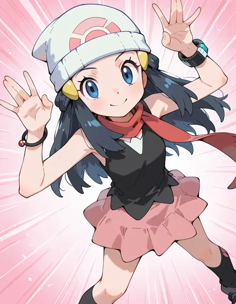 (dynamic angle,dynamic happiness pose),(looking at viewer),Alone,14years old,happiness smile,natural cosmetic, pokemondawn, pokemon dawn, black hair, blue eyes, sidelocks, long hair,
bare shoulders, beanie, black shirt, black socks, bracelet, hat, jewelry,...