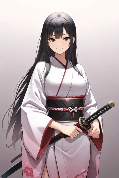 masterpiece, best quality, (masterpiece, best quality, uploaded to e621:1.5), SFW BREAK (Samurai Sisters of Battle 40k \(Defense of the Ancient\):1.2),  kimono,(detailed eyes), (detailed face),  Japanese sword,simple background, gradient background, mischi...