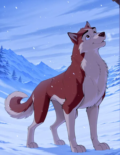 score_9, score_8_up, score_7_up, source_furry, source_furry, Kodiak, husky, solo, feral, full body, looking up at the sky, happy, snowing, mountains, Alaska location, ice, masterpiece, best quality, amazing quality, absurdres, newest, high res, ultra detai...