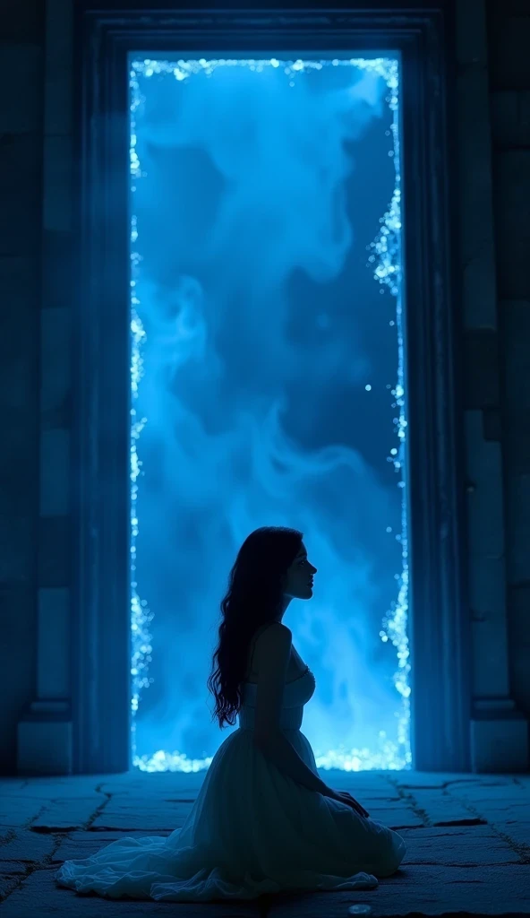 A full body side shot of a beautiful woman with dark wavy hairstyle, ((very pale skin)), kneeling in front of a large ancient wooden gate that is burning with a blue flame, water well, dressed in pure translucent ancient greek ivory drapery, cinematic shot...