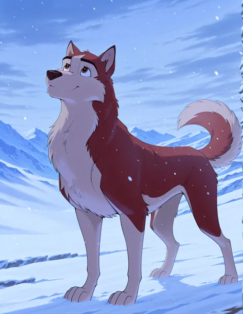 score_9, score_8_up, score_7_up, source_furry, source_furry, Kodiak, husky, solo, feral, full body, looking up at the sky, happy, snowing, mountains, Alaska location, ice, masterpiece, best quality, amazing quality, absurdres, newest, high res, ultra detai...