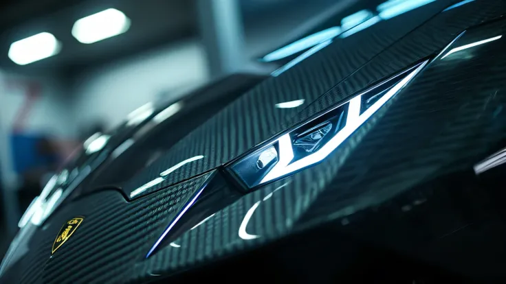 A detailed close-up of the Lamborghini Temerario's aggressive front grille and Y-shaped LED headlights, showcasing its futuristic design. The reflections on the carbon-fiber hood and the neon glow from the garage's overhead lights create a visually strikin...