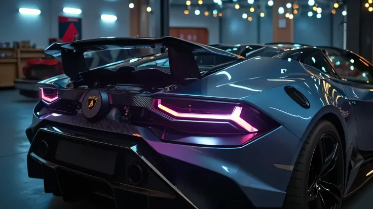 A high-resolution cinematic image of the Lamborghini Temerario's powerful hybrid V12 engine, exposed in the rear of the vehicle, glowing under the soft ambient lighting of a modern garage. The intricate mechanical components and carbon-fiber details are em...