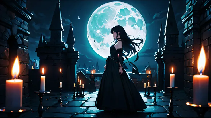 ((1 girl)), long black hair, CHOKER COLOR , bracelet, long black dress, standing, Gothic Castle, arch, night , night time, One Moon, moonlight, small amount of candles, Candlelight, Dramatic Lighting, cinematic lighting in the background, Darkness、Ma...