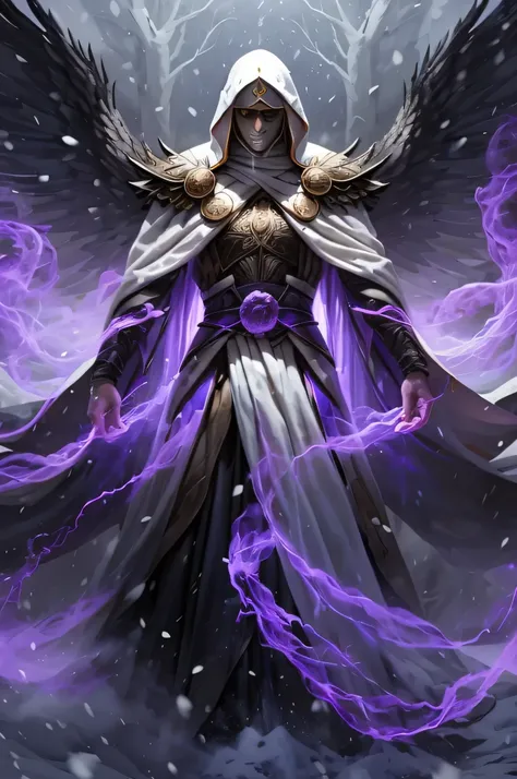 Man а figure wearing a long robe with a hood that hides his face. There is a crown on her head and large black wings behind her back. Two swords are crossed in his hands: one with a fiery blade, the other with purple energy stripes. Snow is falling around,...