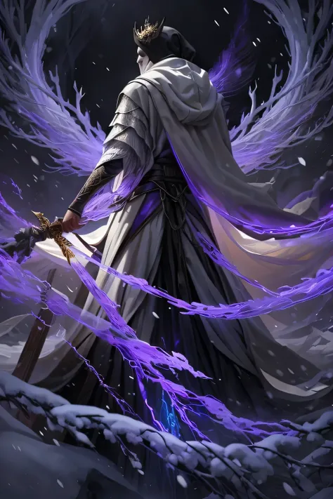 Man а wearing a long robe with a hood that hides his face. On her head is a crown, and behind her back are large black wings woven from ghostly twigs. In his hands are two swords: one with a fiery blade, the other with purple energy stripes. Snow is fallin...