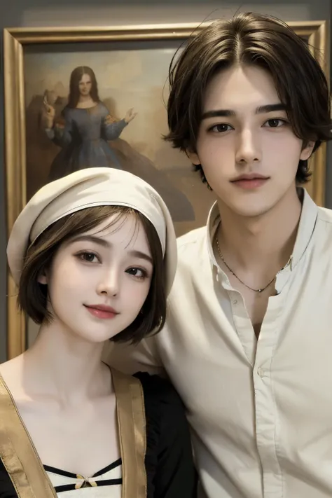 363 (20 year old woman and 20 year old man),(short hair), (high quality photos), (gentle smile), ( colorful costumes ), (Leonardo da Vinci painting)