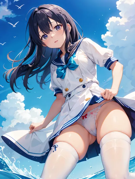 one woman、((Highest quality)), (Hi-Res), ((very detailed))、(masterpiece)、((One mature Tensura-style beauty))、I'm wearing a sailor suit, a transparent bra, and cute panties、(I'm wearing knee-high stockings)、(She is doing a sexy pose with her crotch spread)、...