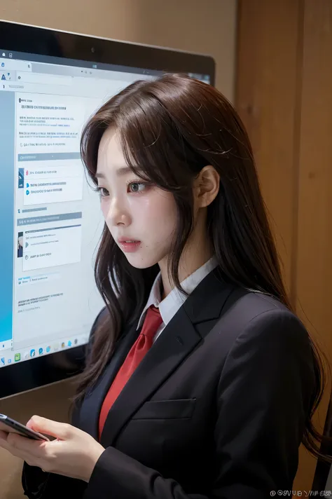 woman in a suit using a tablet computer in a room, working, sun yunjoo, still from a live action movie, park shin hye as a super villain, full device, using a magical tablet, iu lee ji-eun as a super villain, profile pose, [ realistic photo ]!!, shin min j...