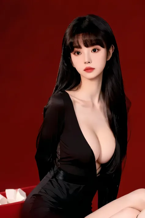  A beautiful woman with a perfect body ， prominent cleavage ，Layered Hairstyle，Skin Whitening， long black hair，burgundy gift