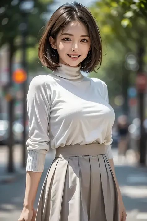 ((1. Ultimate beautiful woman)), mature, beautiful face, brown eyes , exhaustive lips , under a blue sky , double eyelid, long lashes, ((Big Breasts)), grin, enchanting gaze , bob hair , (pink turtleneck sweater, light brown short pleated sk...