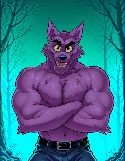 Bernard, Bernard_Mettle, werewolf, purple fur, yellow sclera, shirtless, furry chest, black belt, dark blue pants, muscular, proud, strong, night background, dark forest, blue forest, half body, by anhes, looking at viewer, big body, solo, front view, eyes...