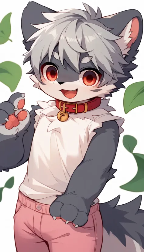   very well drawn fun great details,gray hair and gray fur , Gray wolf ,  Shemono  ,Gray Hair,Age 15,Participation, red collar on the floor,  cute face,  fluffy fur ,3 cute furry creatures dancing ！Horny boy , white background,  embarrassed face, big smile...