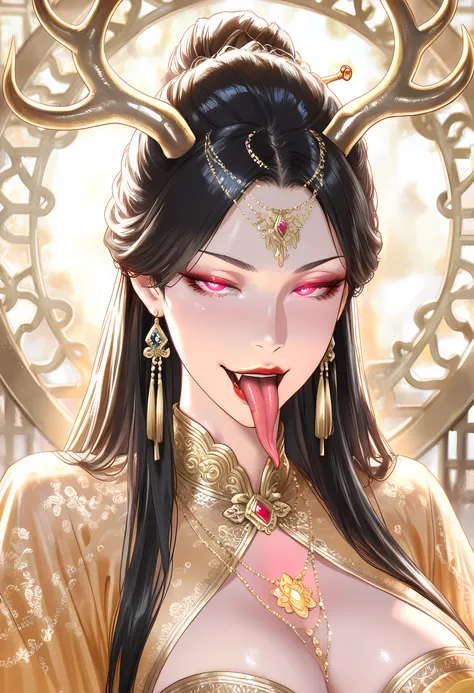 velazquez_fidelity,masterpiece, best quality, good quality, newest, highres, absurdres,ancient chinese beauty portrait, upper body focus, deer antlers with jewel pendants, gold embroidered hanfu, intricate jewelry designs,(sluty_face:1.2),(horny_face:1.2),...