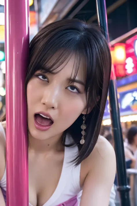 Close-up of face, (lean against a pole:1.5), ( top quality,  masterpiece:1.2),  highly detailed ,  high res,   8k Wallpaper,  perfect dynamic composition, Eyes with Attention to Details , look up at the sky, summer trend fashion, open mouth, licking, gape ...