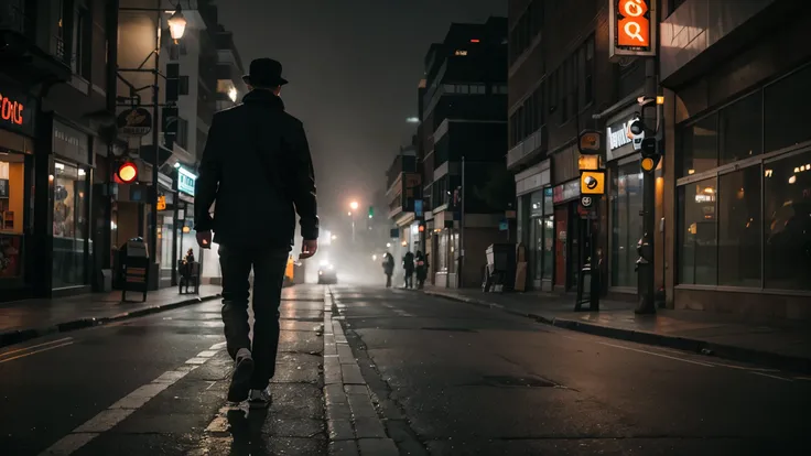 a man walk trought the foggy city streets