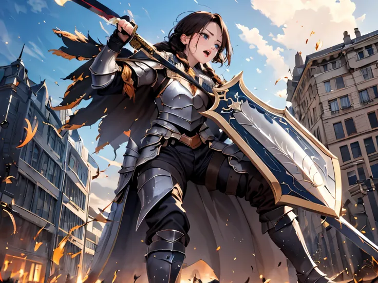 (round face, drooping eyes), female general, small breasts, anger, (armor), (thick sword, huge shield), high boots, short braid, fighting pose, buildings, magic weapon, angle from below, 