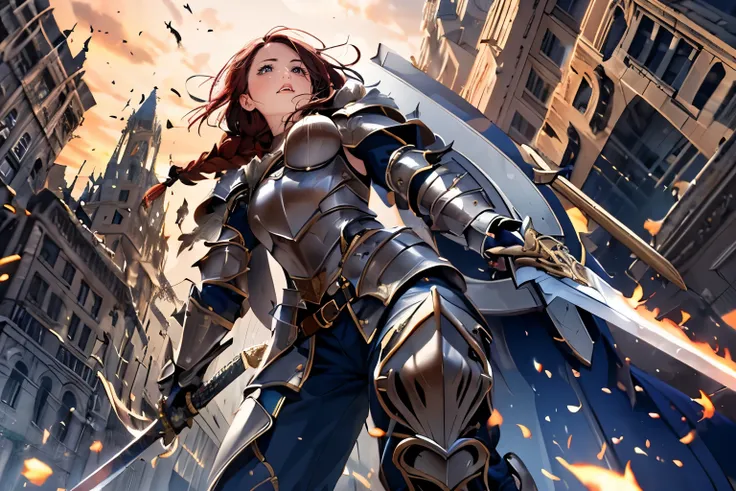 (round face, drooping eyes), female general, small breasts, anger, (armor), (thick sword, huge shield), high boots, short braid, fighting pose, buildings, magic weapon, angle from below, 