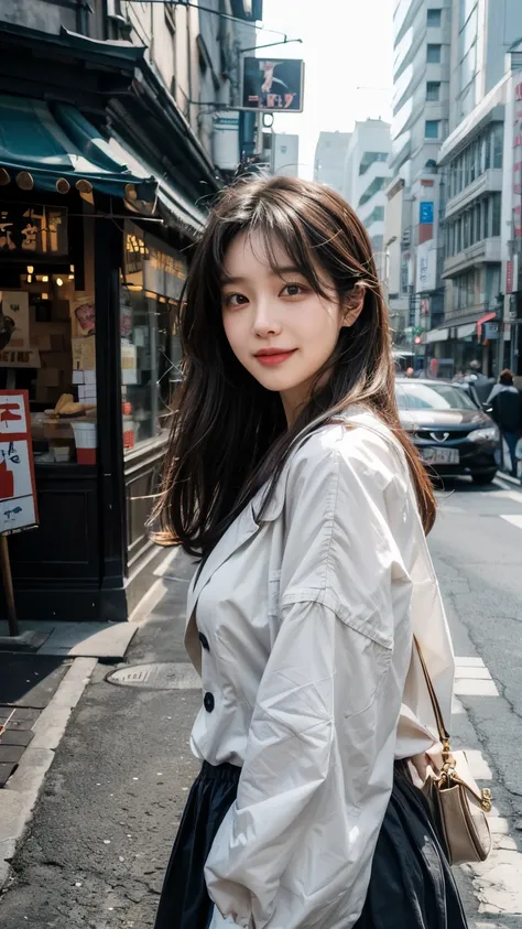 8k,RAW Photos,best quality and best,masterpiece,(,Photorealistic:1.37),( Viewer:1.331), posing ,Street Tokyo,1 Giant Breasted Girl,Moyo, long hair, smiles,  black hair,  close your mouth and laugh,Best Quality, Korean idol private,Casual Coordination,kim j...