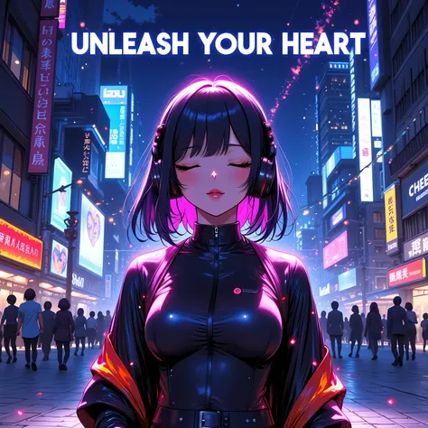 A high-detail anime-style illustration of a young female musician standing in an open plaza, eyes closed, feeling the rhythm of her heartbeat. Her headphones glow subtly as colorful waves of energy pulse outward, symbolizing the song’s theme of embracing o...
