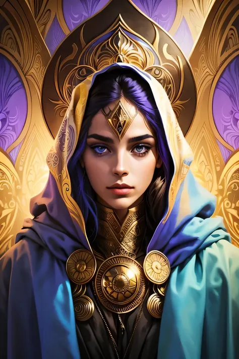 An art-style painting depicting an abstract female face. The face is done in bright and saturated colors such as purple, blue and gold. Part of the face is covered by a hood. Facial features such as lips and eyes are emphasized by light effects that create...