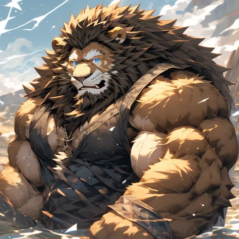 "Strong and powerful, This muscular old Viking stands in the middle of a stormy Nordic landscape.. His weathered face reflects a lifetime of fighting., Decorated with a long, with a braided beard and deep blue eyes. his majestic figure wrapped in fur and l...