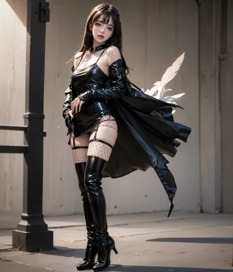 High quality, Ultra detailed, best quality, insanely detailed, beautiful, masterpiece,PHOTOREALISTIC, Hi-Res, Soft light,1 Female, (detailed face), jewelry,   Yohha no . 2 Type B, black  dress, tie high long boots,  dress, Feather-embellished sleeves ,  fe...